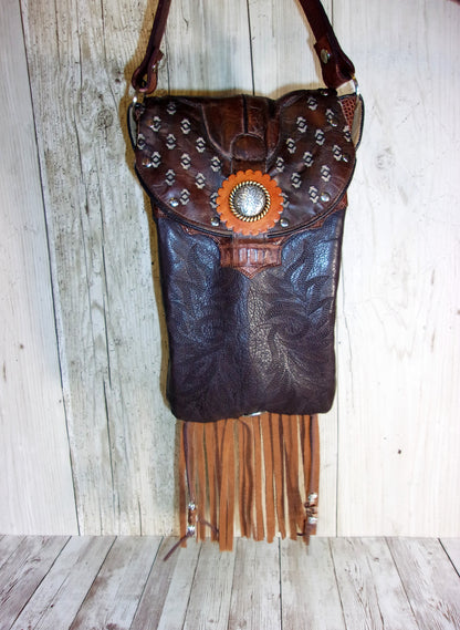 Small Concealed Carry Purse with Fringe CB38 handcrafted from cowboy boots. Shop all unique leather western handbags, purses and totes at Chris Thompson Bags