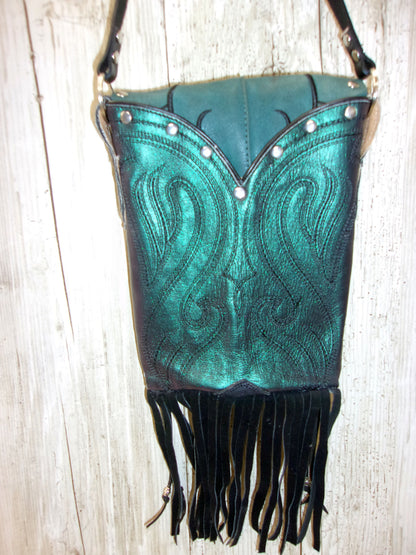 Small Cowboy Boot Purse with Fringe sm215 handcrafted from cowboy boots. Shop all unique leather western handbags, purses and totes at Chris Thompson Bags