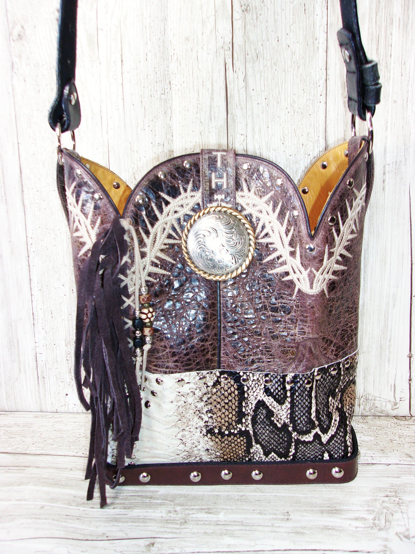 Top Shelf Cowboy Boot Purse with Fringe TS291 handcrafted from cowboy boots. Shop Handbags at ChrisThompsonBags.com and buy the best boot top purse, Country Chic, country fashion, country style, cowboy boot lover, cowboy boot purse, Cowgirl Chic, cowgirl style, luxury handbag, rodeo purse, western chic, western fashion, western style at Chris Thompson Bags.