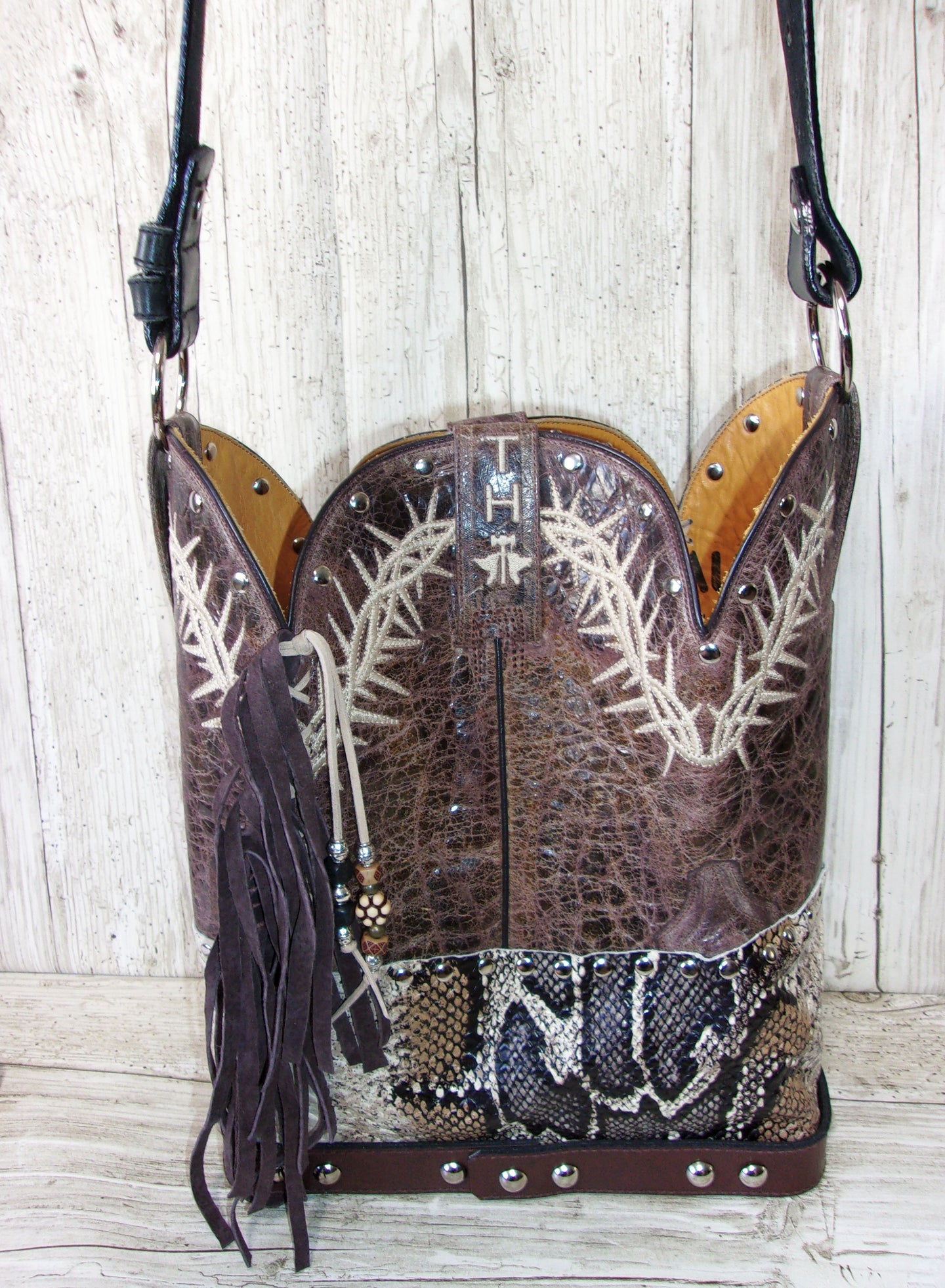 Top Shelf Cowboy Boot Purse with Fringe TS291 handcrafted from cowboy boots. Shop Handbags at ChrisThompsonBags.com and buy the best boot top purse, Country Chic, country fashion, country style, cowboy boot lover, cowboy boot purse, Cowgirl Chic, cowgirl style, luxury handbag, rodeo purse, western chic, western fashion, western style at Chris Thompson Bags.