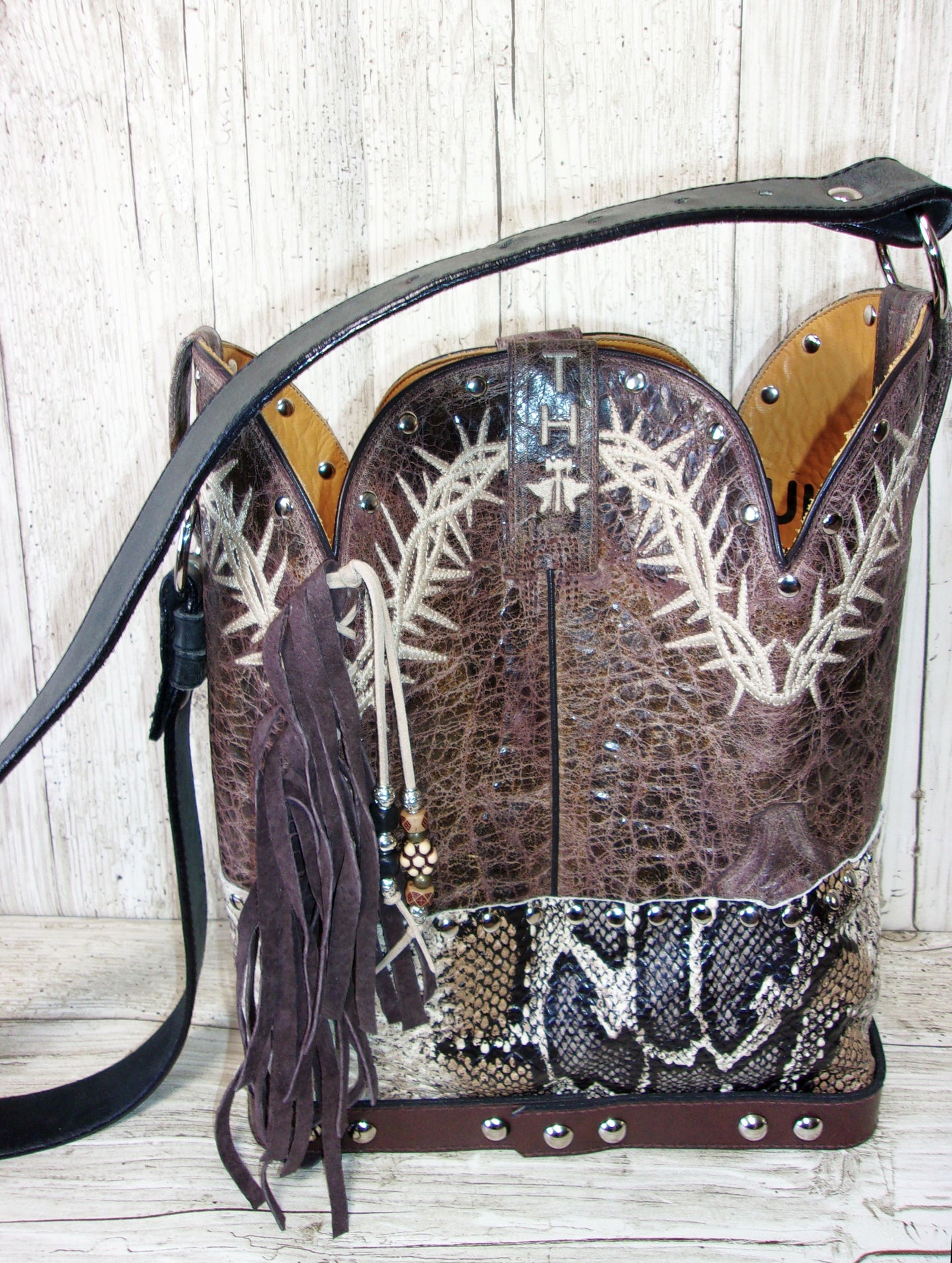 Top Shelf Cowboy Boot Purse with Fringe TS291 handcrafted from cowboy boots. Shop Handbags at ChrisThompsonBags.com and buy the best boot top purse, Country Chic, country fashion, country style, cowboy boot lover, cowboy boot purse, Cowgirl Chic, cowgirl style, luxury handbag, rodeo purse, western chic, western fashion, western style at Chris Thompson Bags.