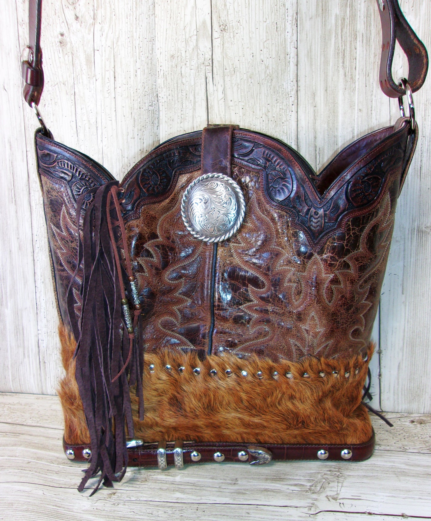 Top Shelf Cowboy Boot Purse with Fringe TS294 handcrafted from cowboy boots. Shop Handbags at ChrisThompsonBags.com and buy the best boot top purse, Country Chic, country fashion, country style, cowboy boot lover, cowboy boot purse, Cowgirl Chic, cowgirl style, luxury handbag, rodeo purse, western chic, western fashion, western style at Chris Thompson Bags.