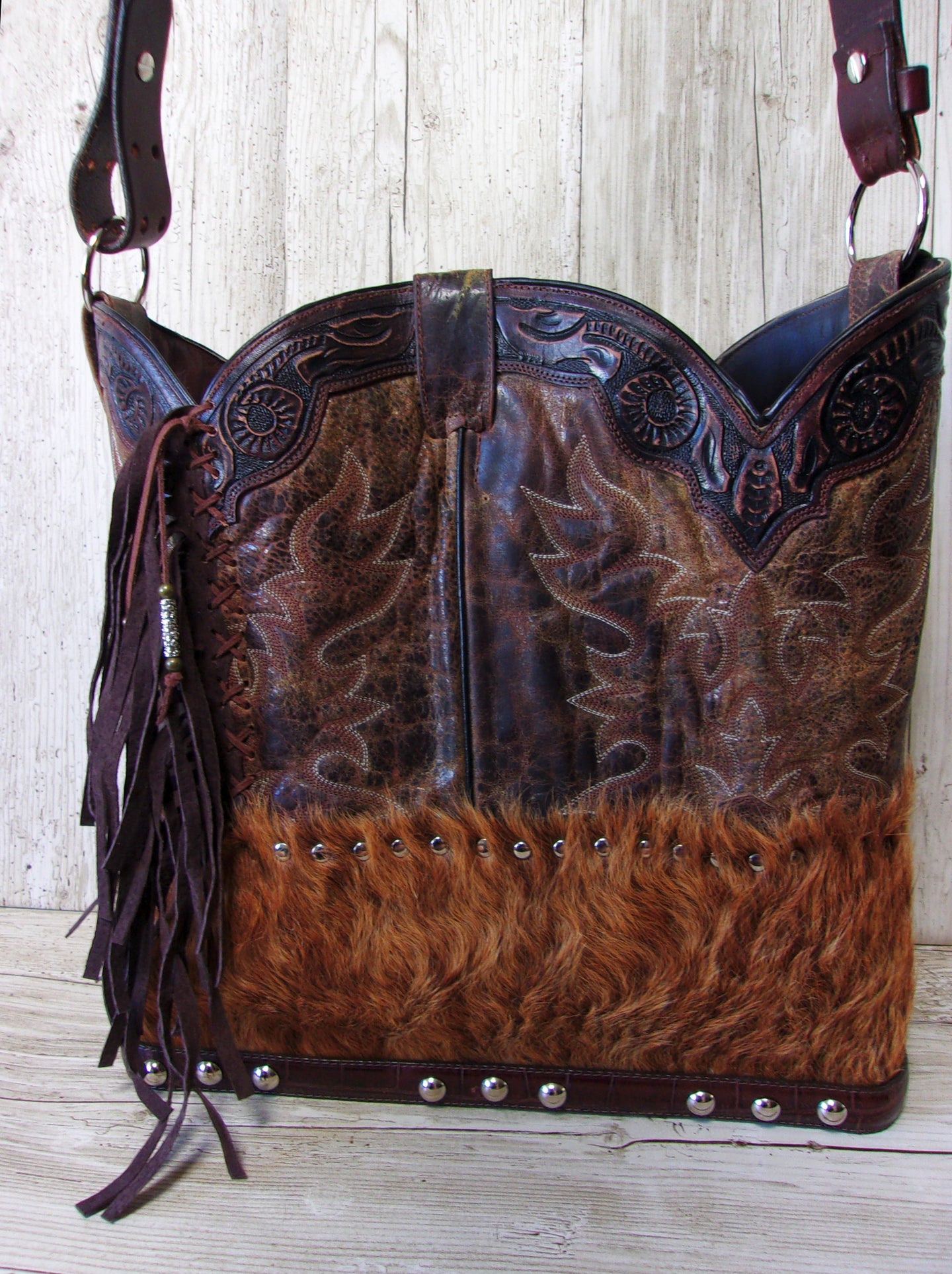 Top Shelf Cowboy Boot Purse with Fringe TS294 handcrafted from cowboy boots. Shop Handbags at ChrisThompsonBags.com and buy the best boot top purse, Country Chic, country fashion, country style, cowboy boot lover, cowboy boot purse, Cowgirl Chic, cowgirl style, luxury handbag, rodeo purse, western chic, western fashion, western style at Chris Thompson Bags.