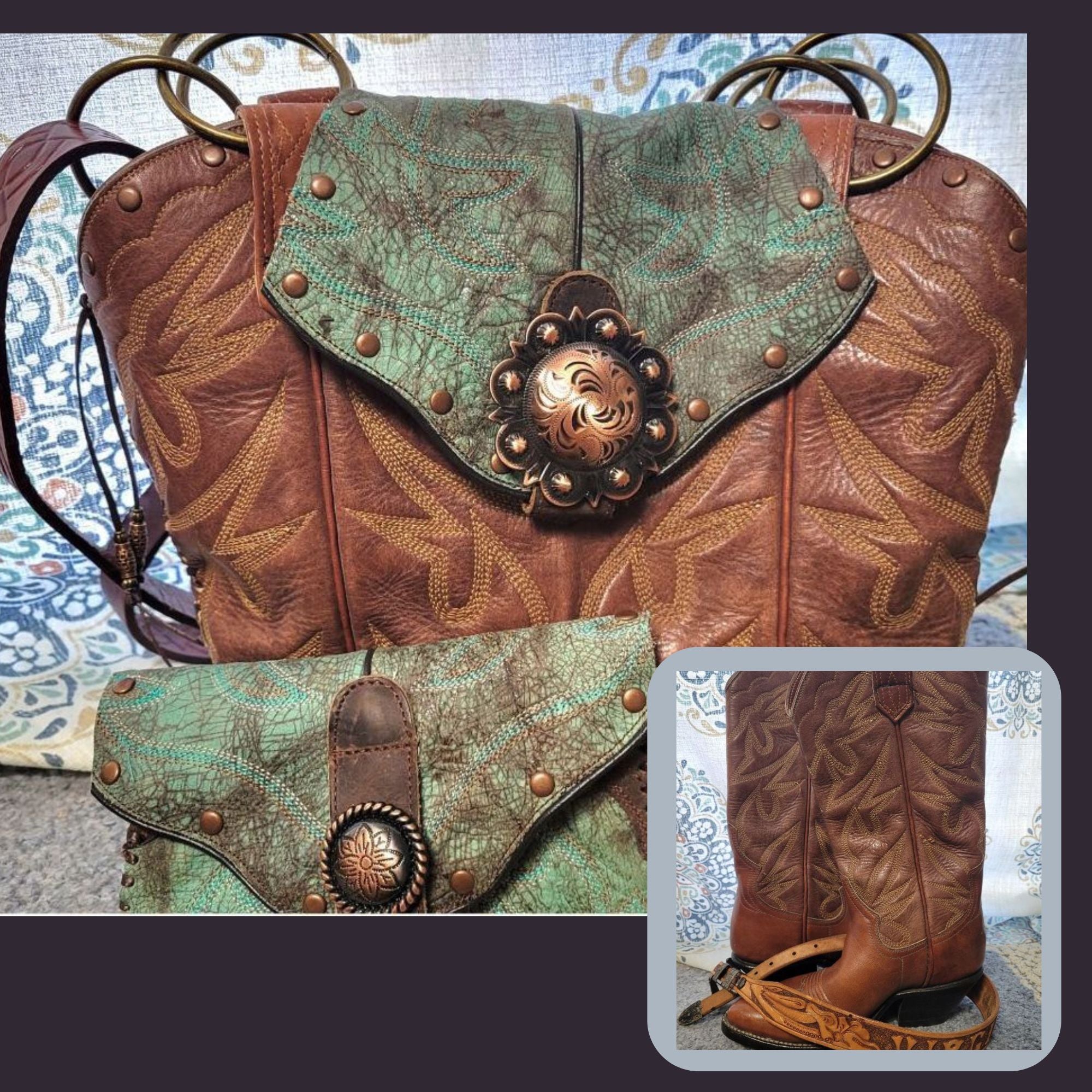 Brown leather bag with green flap and decorative button, next to a close-up of the flap and a pair of brown boots.