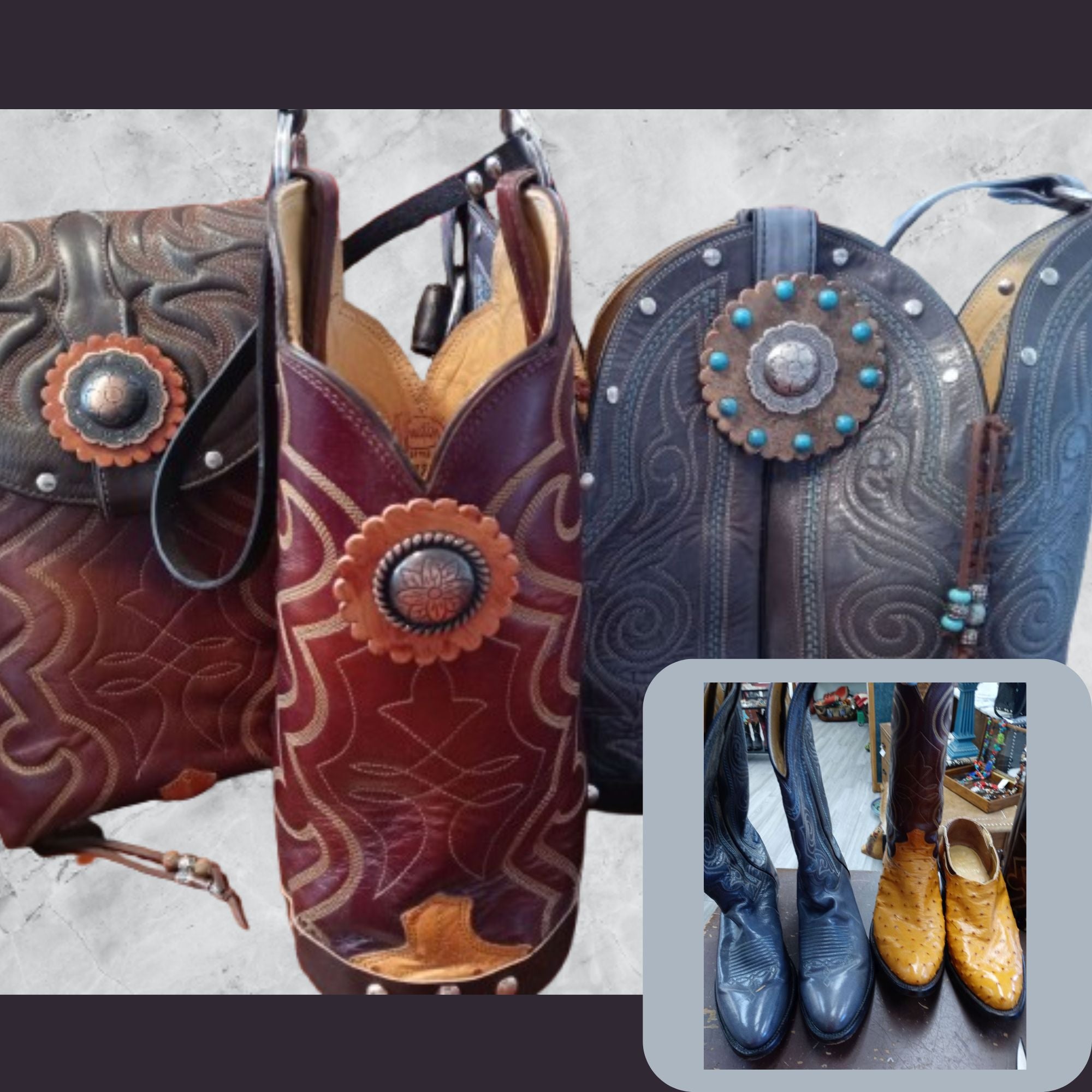 Pair of brown leather cowboy boots with decorative studs on a light gray background.