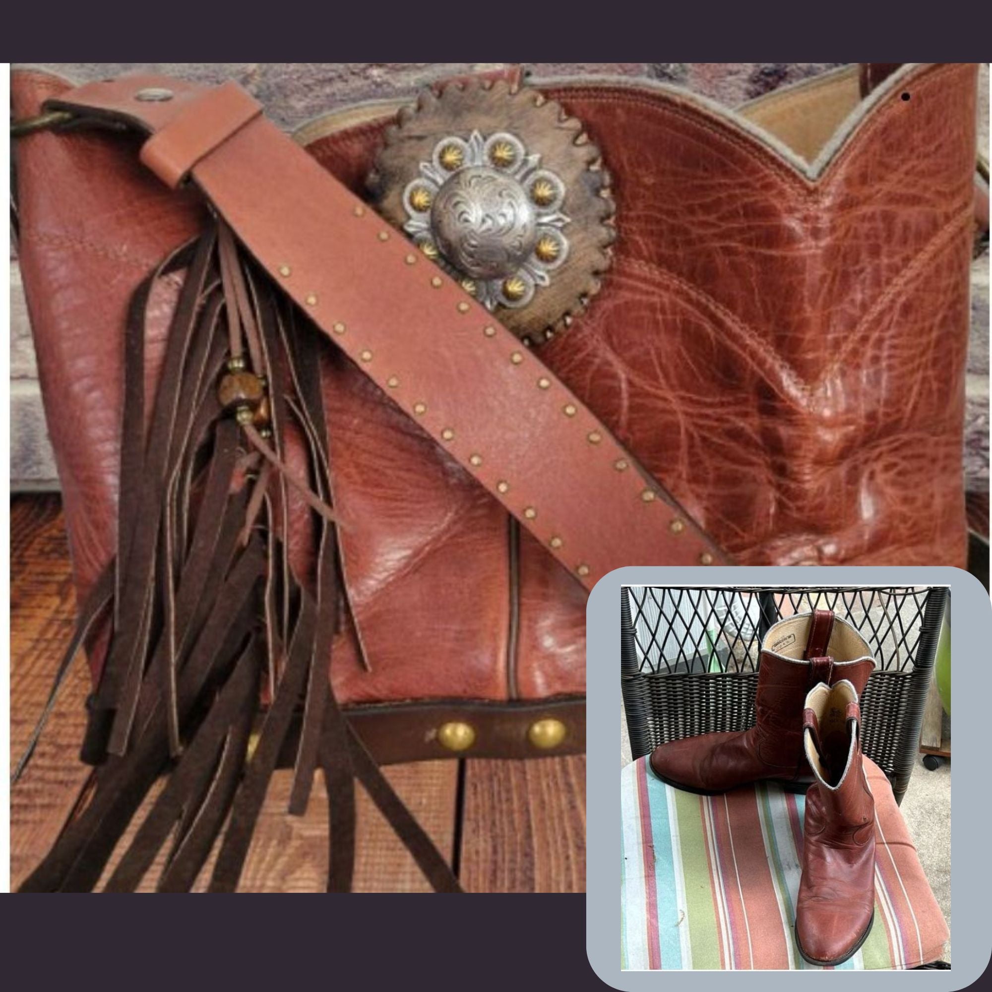 Brown leather boot with decorative concho and fringe, placed on a wooden surface.