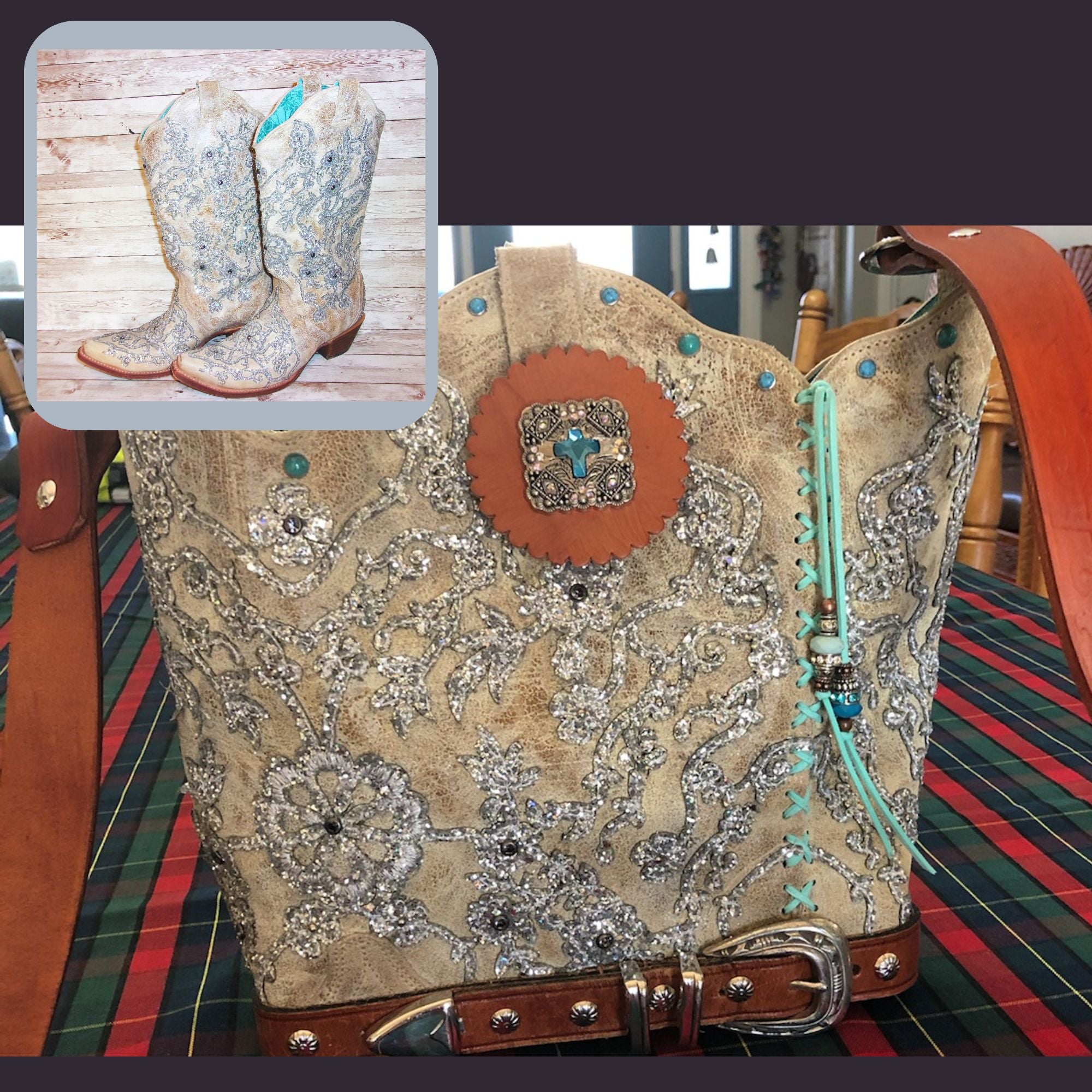 Decorative handbag with intricate patterns and turquoise accents on a plaid surface, with inset of cowboy boots.