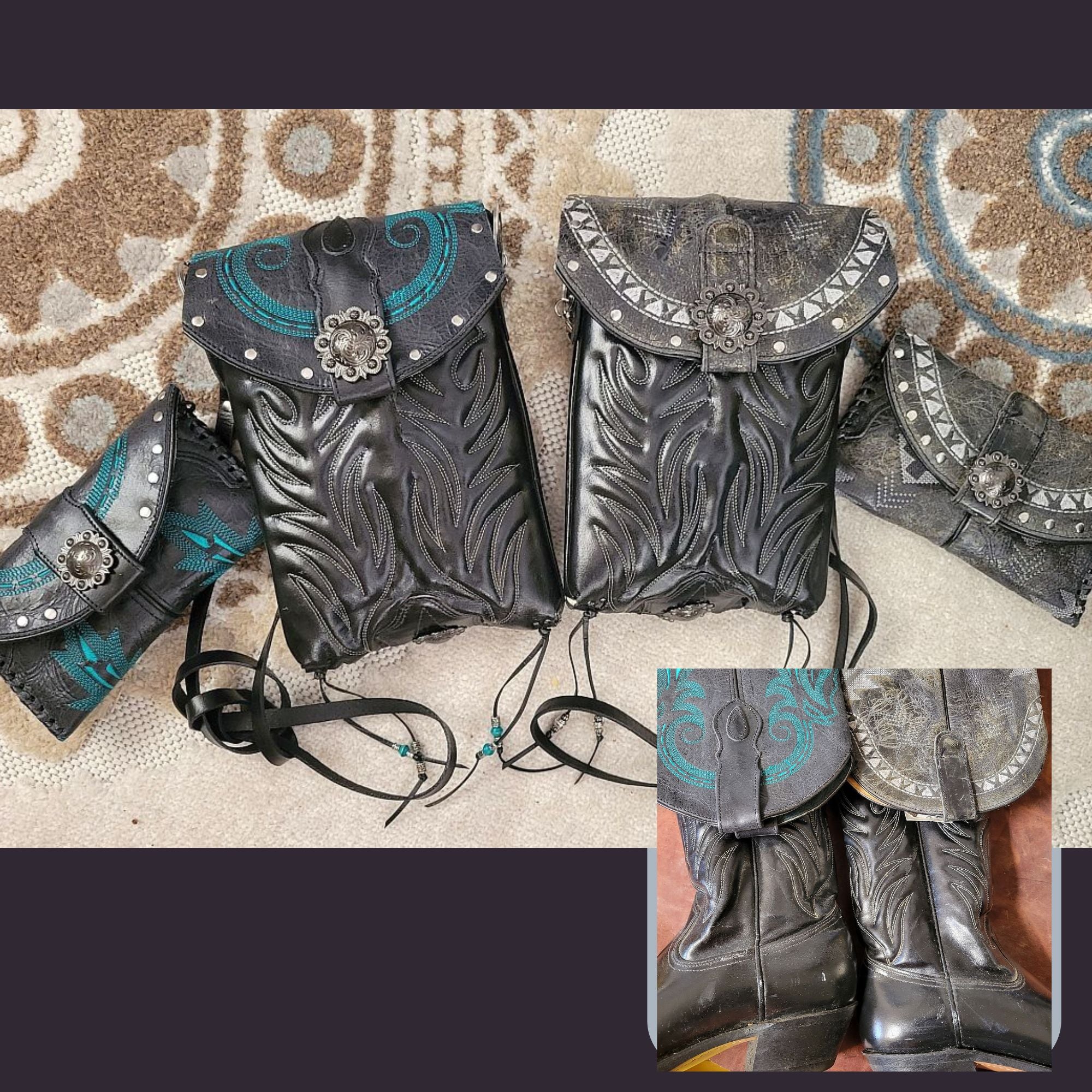 Black leather bags with decorative elements on a patterned surface