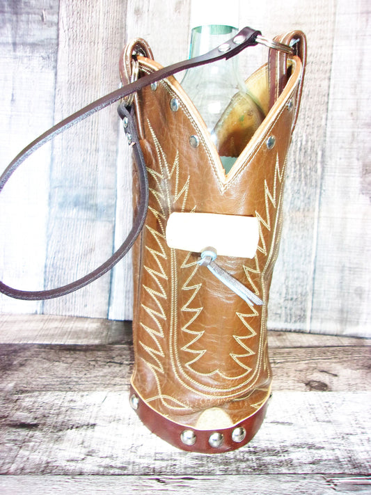 Cowboy Boot Wine Tote wt804 handcrafted from cowboy boots. Shop Wine Carrier Bags at ChrisThompsonBags.com and buy the best country bridesmaid, country centerpiece, country wedding, cowboy gift, cowgirl centerpiece, cowgirl gift, cowgirl wine bag, rodeo party bag, rustic wine carrier, unique western gift, western wine tote, wine lovers gift at Chris Thompson Bags.