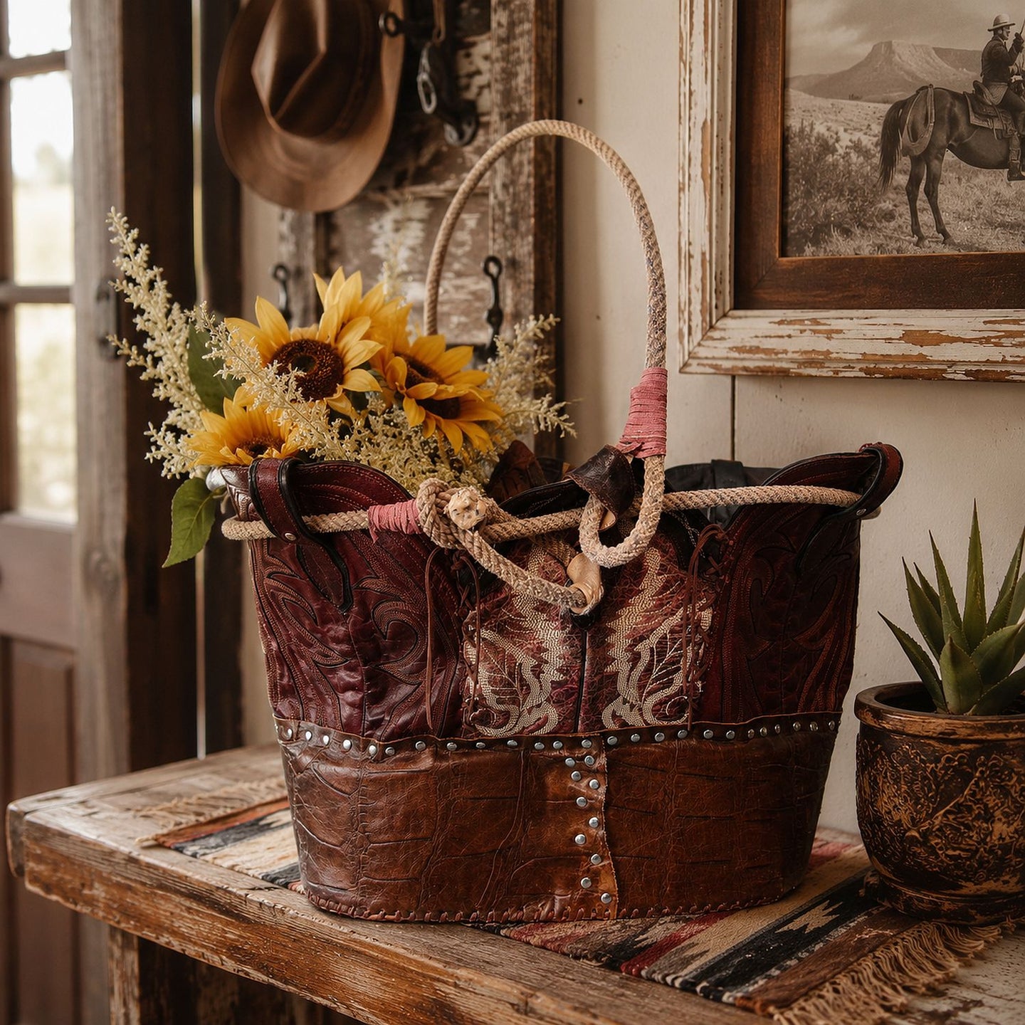 Western  Leather Basket BA24