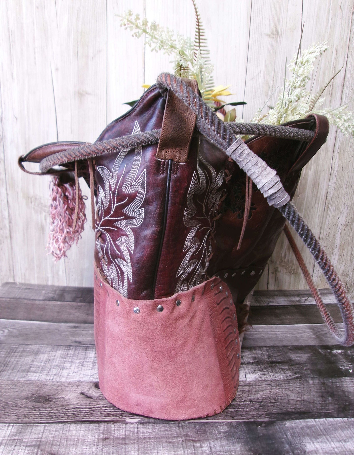 Western  Leather Basket BA35 handcrafted from cowboy boots. Shop Home Decor at ChrisThompsonBags.com and buy the best ["basket","home decor","Large"] at Chris Thompson Bags.