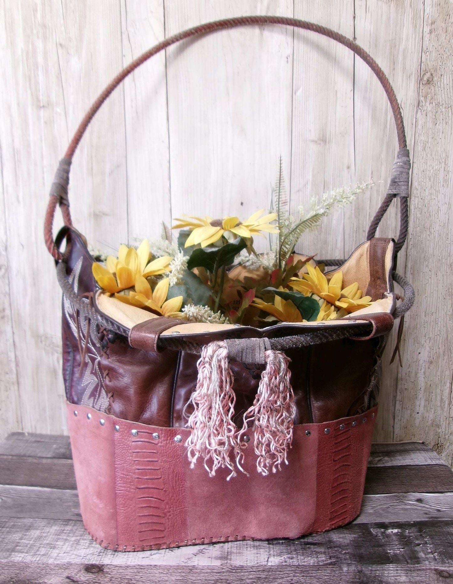 Western  Leather Basket BA35 handcrafted from cowboy boots. Shop Home Decor at ChrisThompsonBags.com and buy the best ["basket","home decor","Large"] at Chris Thompson Bags.