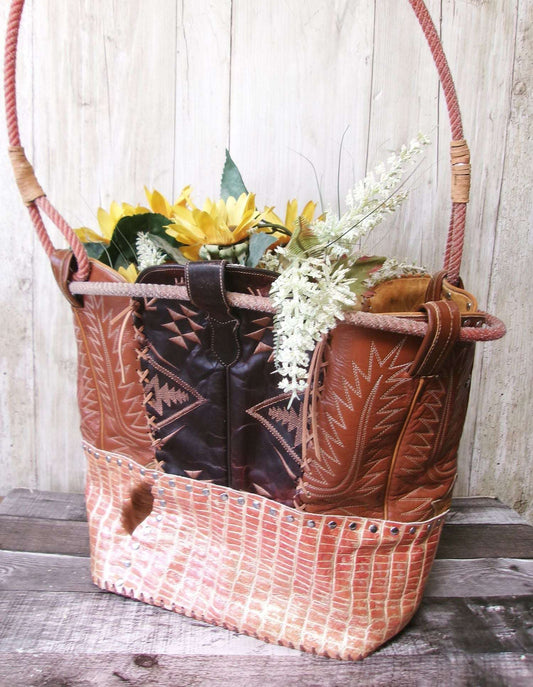 Western  Leather Basket BA37 handcrafted from cowboy boots. Shop Home Decor at ChrisThompsonBags.com and buy the best ["basket","home decor","Large"] at Chris Thompson Bags.