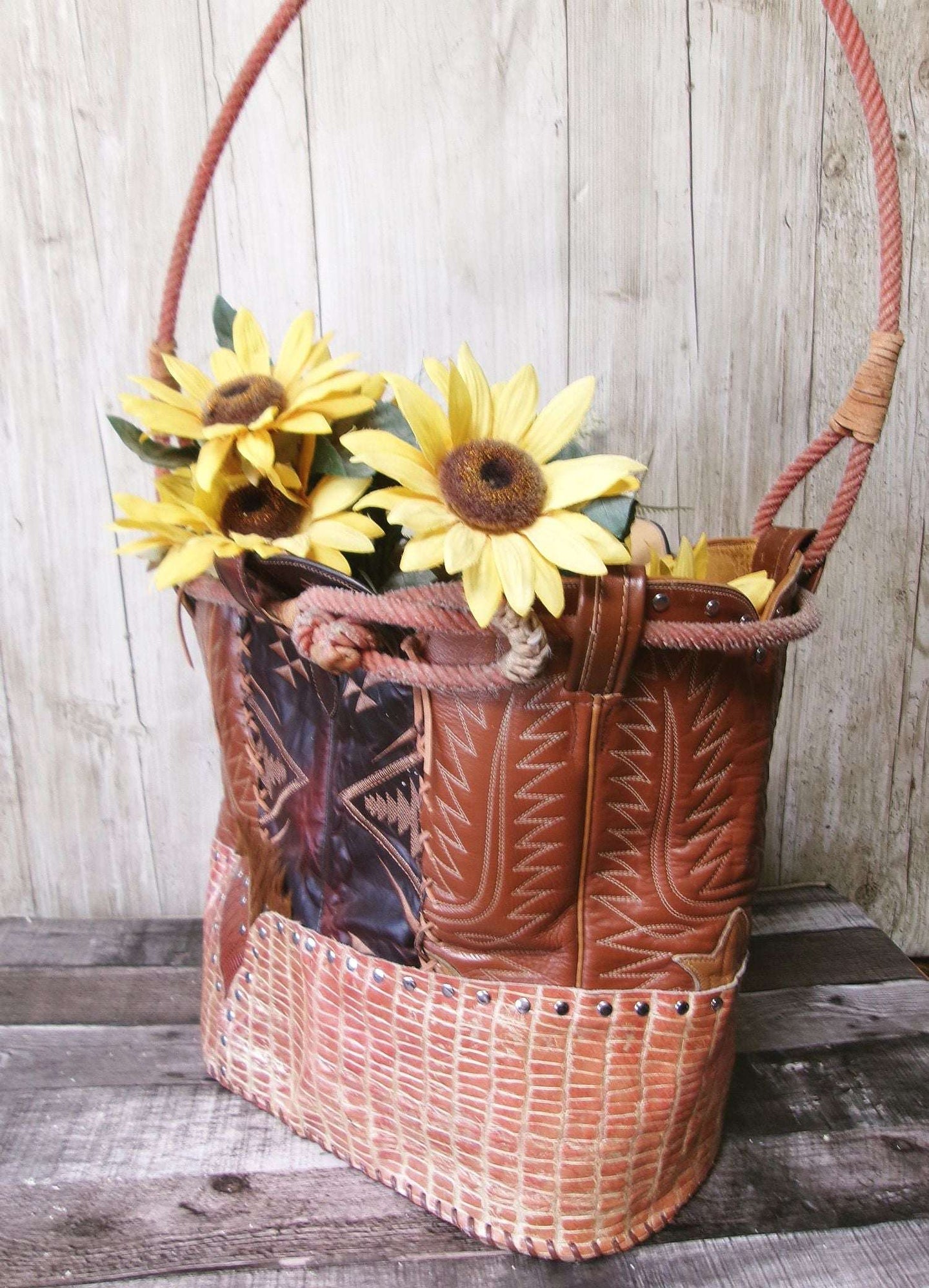 Western  Leather Basket BA37 handcrafted from cowboy boots. Shop Home Decor at ChrisThompsonBags.com and buy the best ["basket","home decor","Large"] at Chris Thompson Bags.