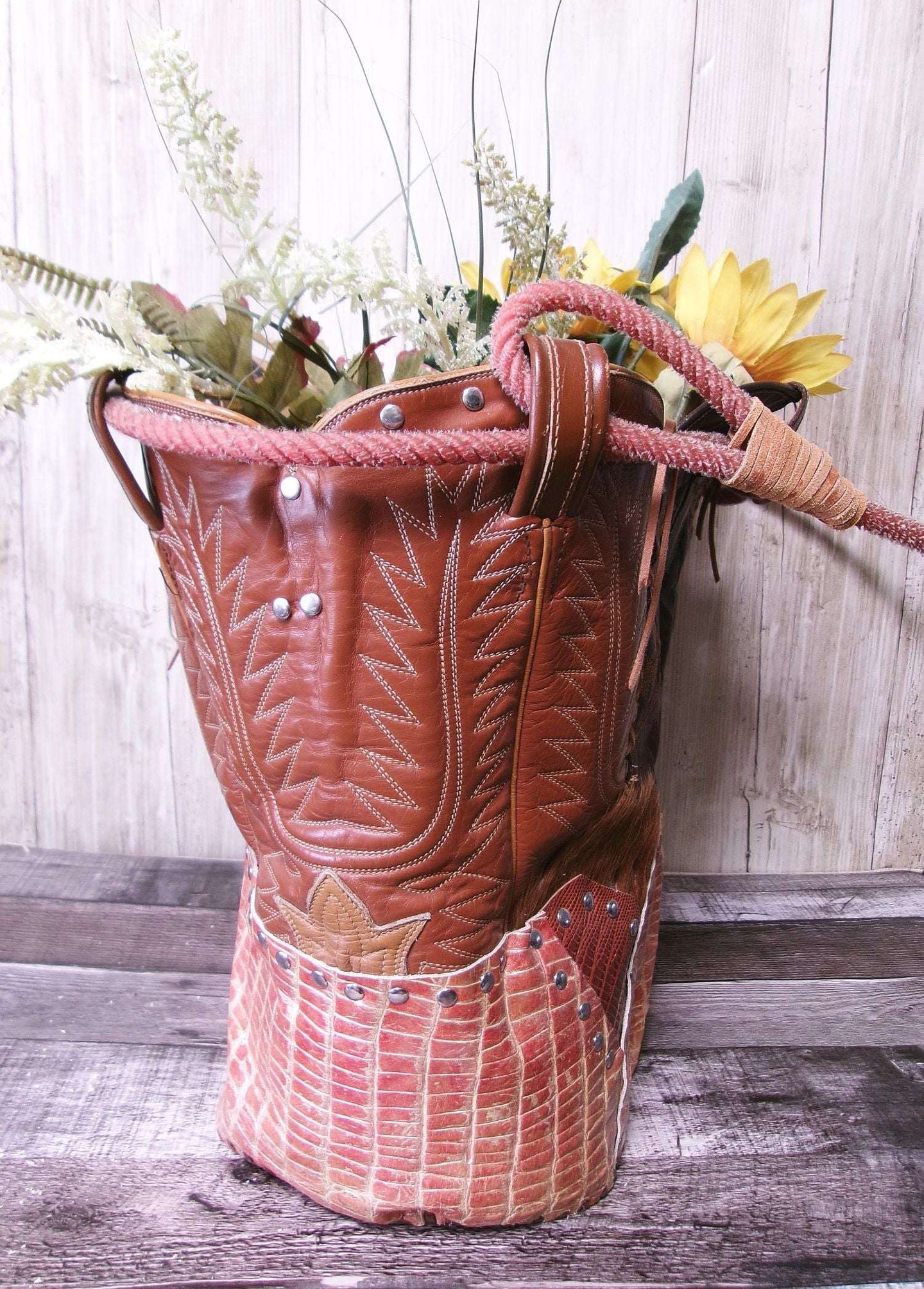 Western  Leather Basket BA37 handcrafted from cowboy boots. Shop Home Decor at ChrisThompsonBags.com and buy the best ["basket","home decor","Large"] at Chris Thompson Bags.