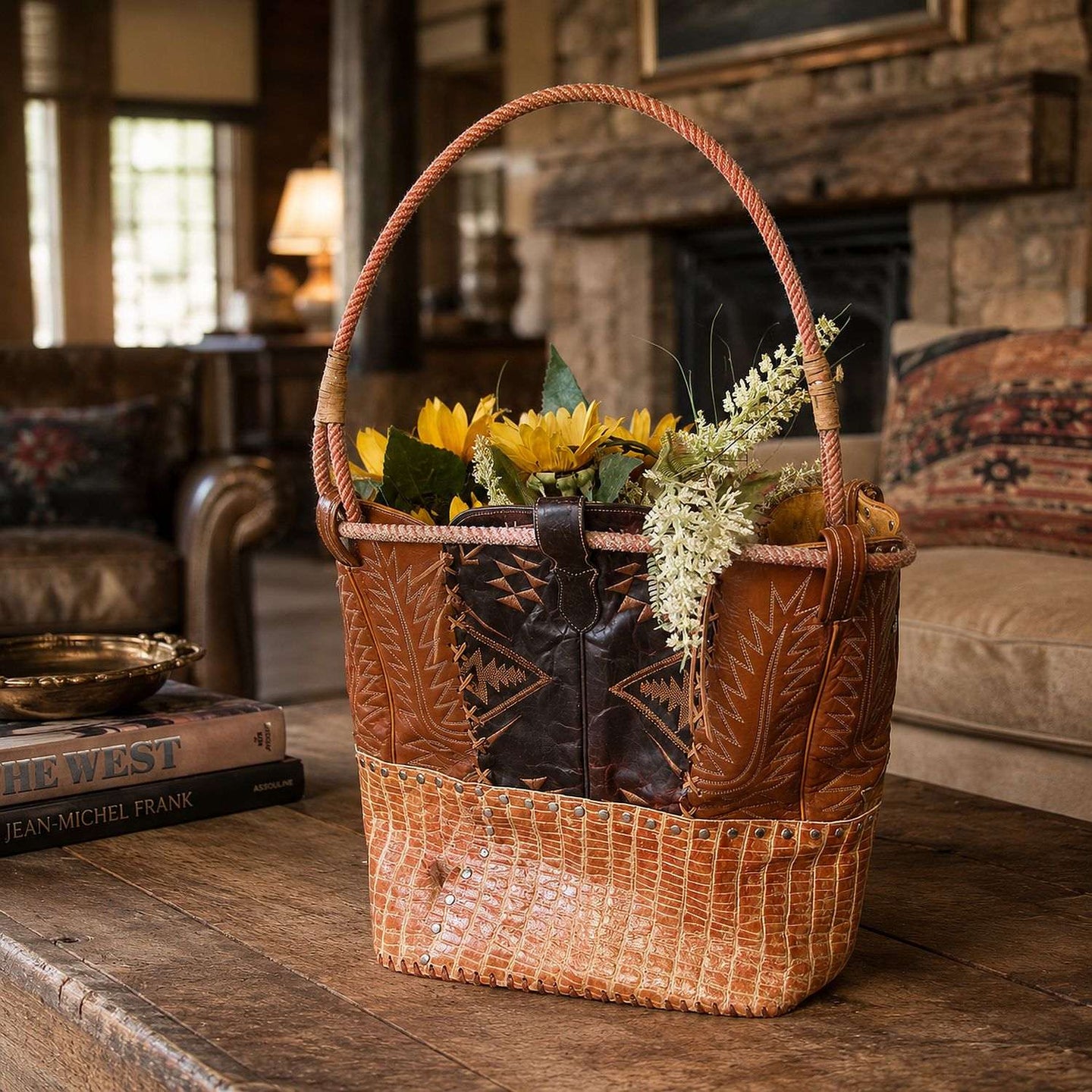 Western  Leather Basket BA37 handcrafted from cowboy boots. Shop Home Decor at ChrisThompsonBags.com and buy the best ["basket","home decor","Large"] at Chris Thompson Bags.
