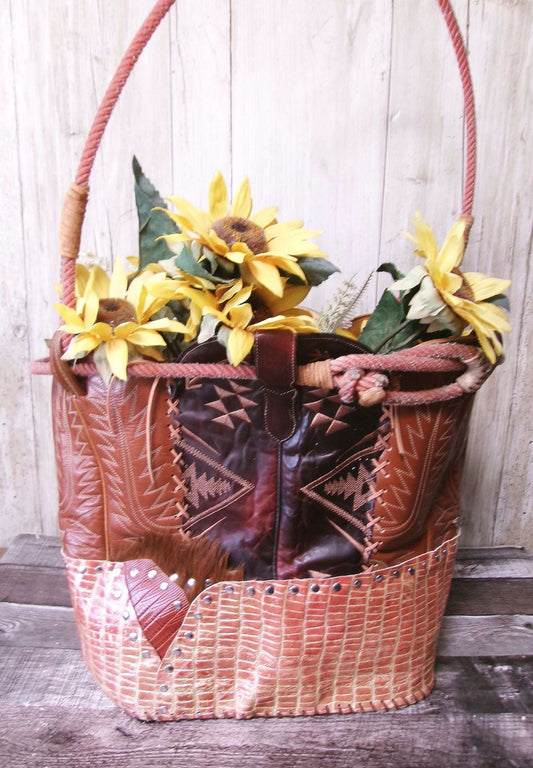 Western  Leather Basket BA37 handcrafted from cowboy boots. Shop Home Decor at ChrisThompsonBags.com and buy the best ["basket","home decor","Large"] at Chris Thompson Bags.