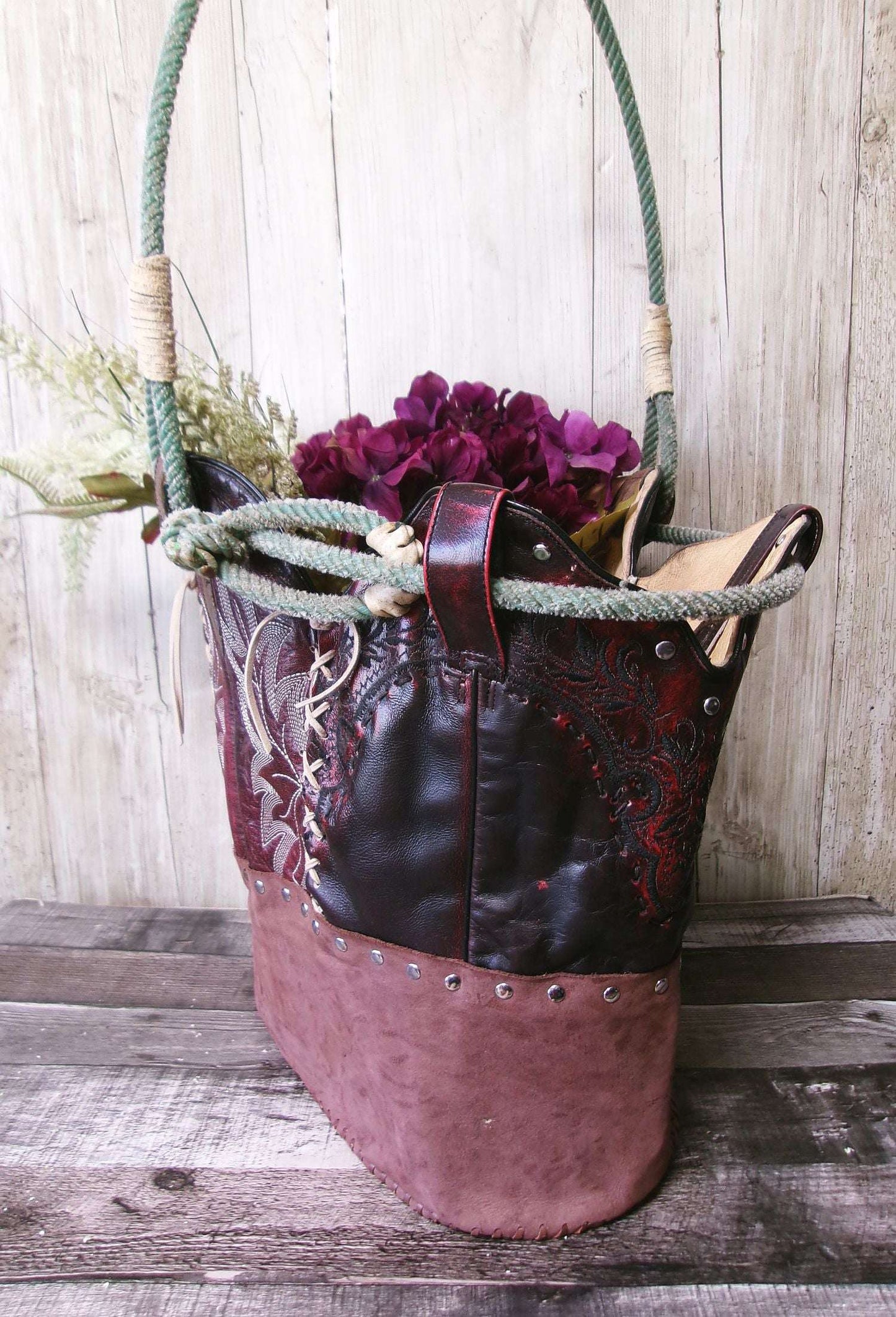 Western  Leather Basket BA40 handcrafted from cowboy boots. Shop Home Decor at ChrisThompsonBags.com and buy the best ["basket","home decor","Large"] at Chris Thompson Bags.