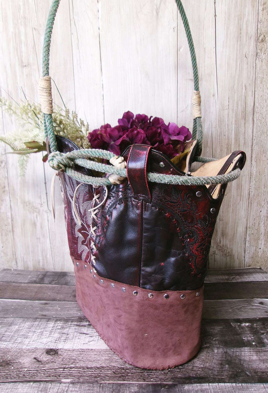 Western  Leather Basket BA40 handcrafted from cowboy boots. Shop Home Decor at ChrisThompsonBags.com and buy the best ["basket","home decor","Large"] at Chris Thompson Bags.