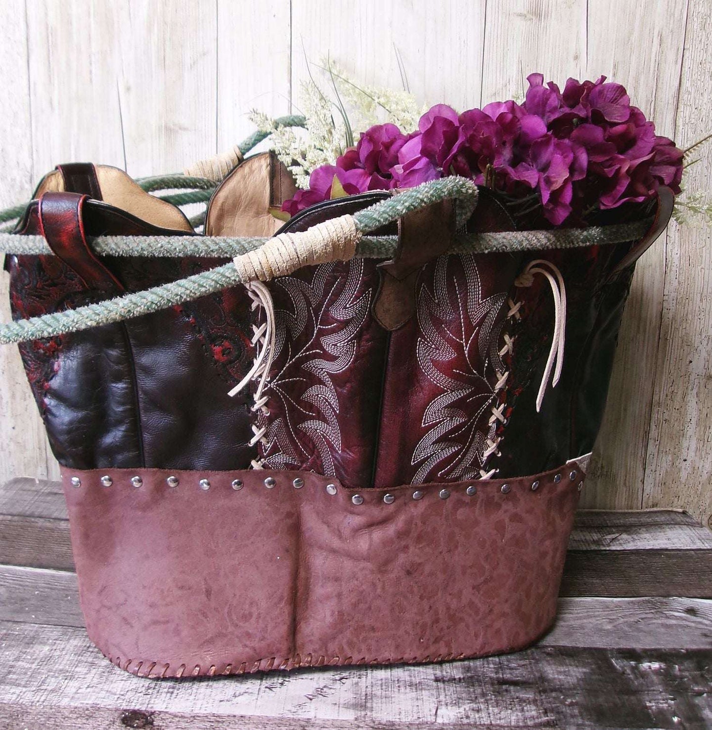Western  Leather Basket BA40 handcrafted from cowboy boots. Shop Home Decor at ChrisThompsonBags.com and buy the best ["basket","home decor","Large"] at Chris Thompson Bags.