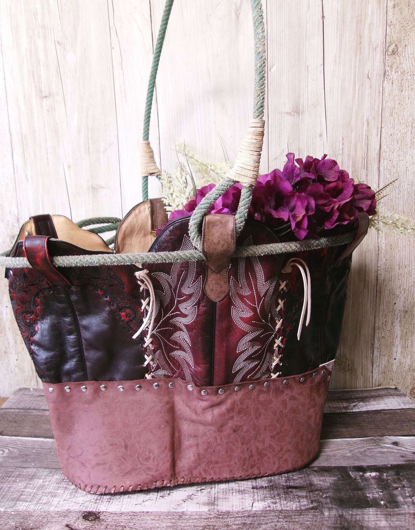Western  Leather Basket BA40 handcrafted from cowboy boots. Shop Home Decor at ChrisThompsonBags.com and buy the best ["basket","home decor","Large"] at Chris Thompson Bags.