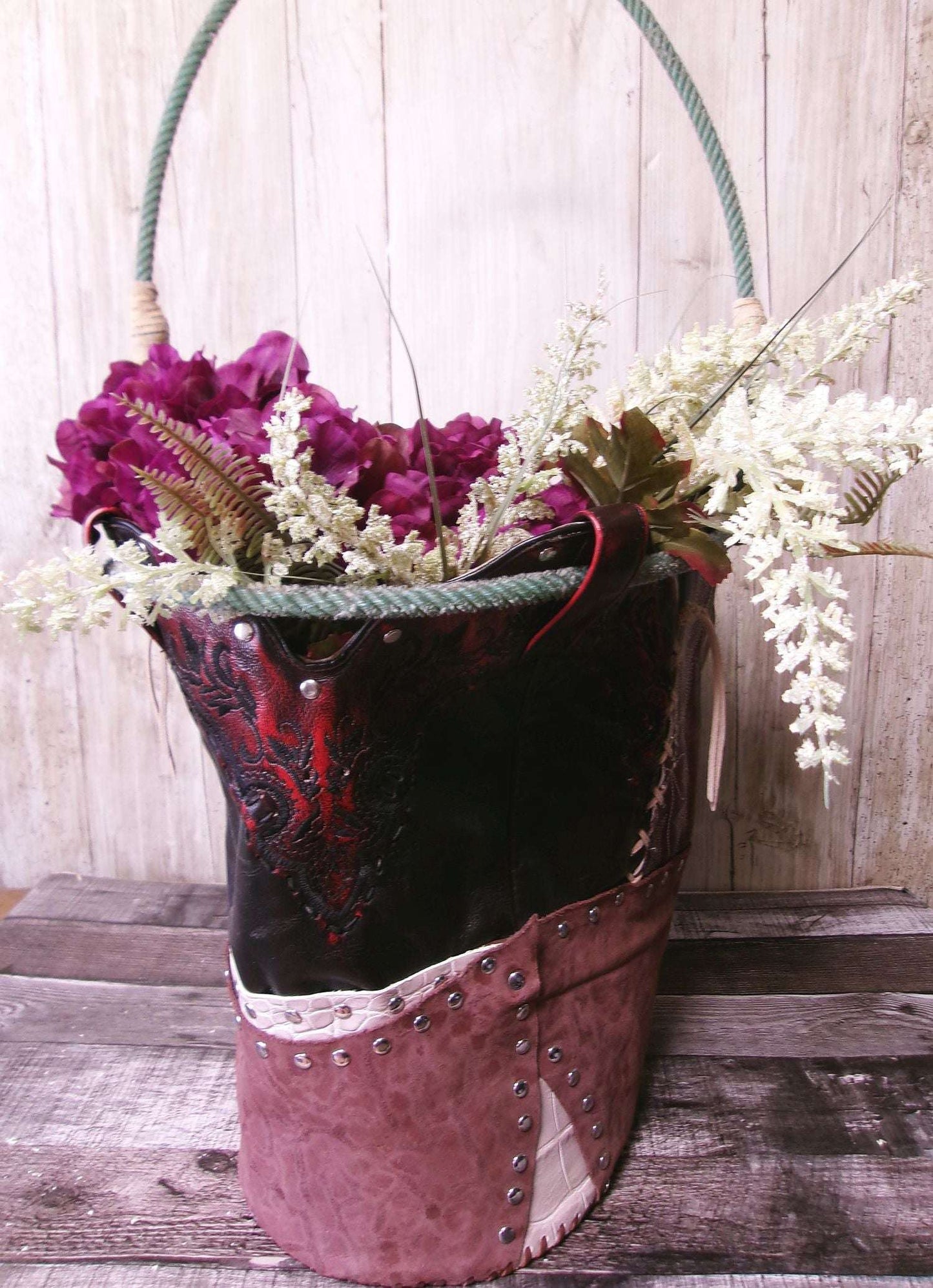 Western  Leather Basket BA40 handcrafted from cowboy boots. Shop Home Decor at ChrisThompsonBags.com and buy the best ["basket","home decor","Large"] at Chris Thompson Bags.