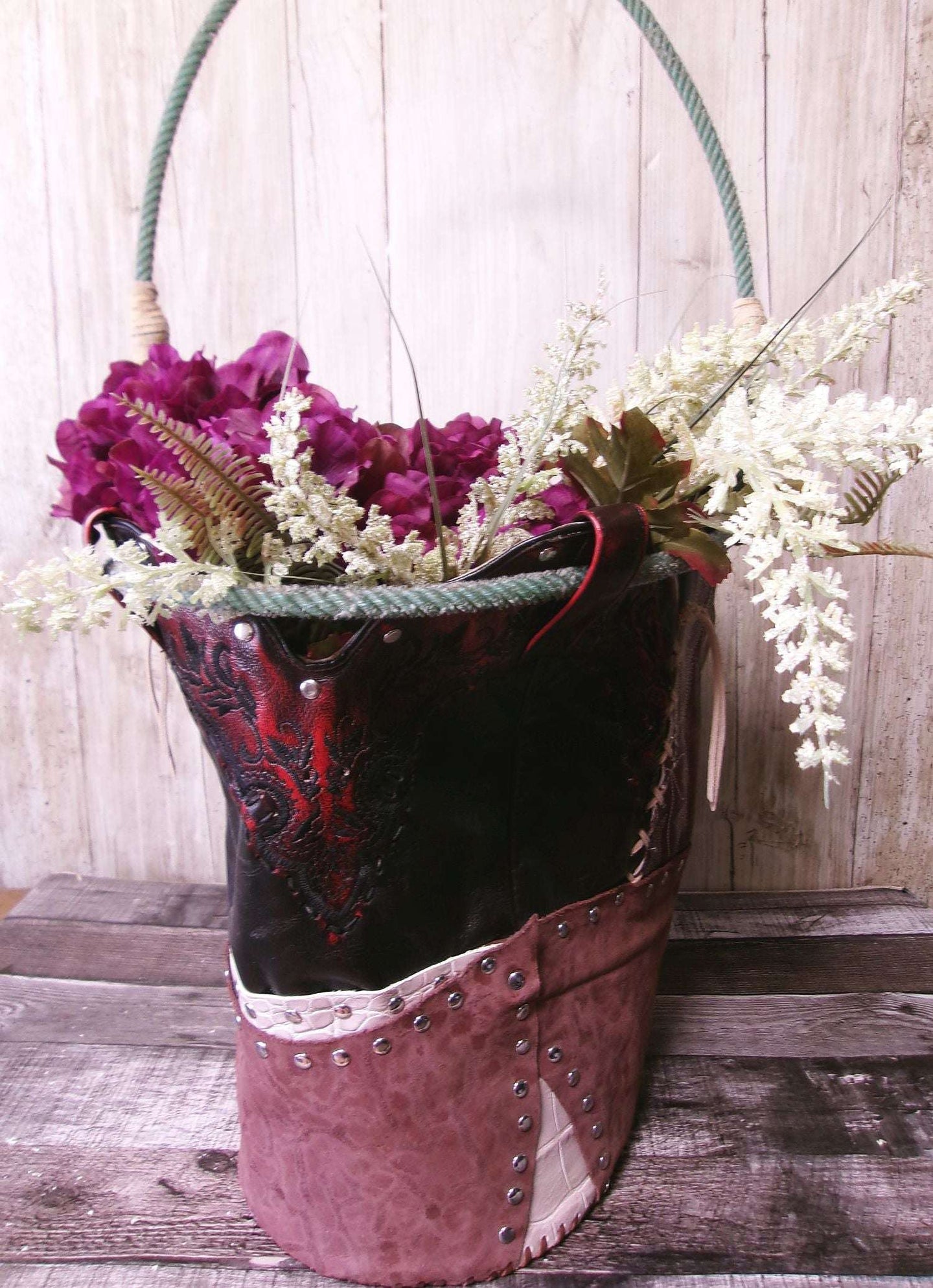 Western  Leather Basket BA40 handcrafted from cowboy boots. Shop Home Decor at ChrisThompsonBags.com and buy the best ["basket","home decor","Large"] at Chris Thompson Bags.