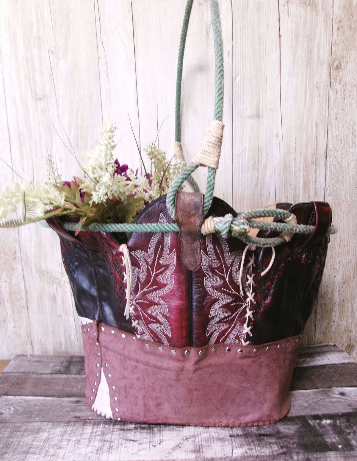 Western  Leather Basket BA40 handcrafted from cowboy boots. Shop Home Decor at ChrisThompsonBags.com and buy the best ["basket","home decor","Large"] at Chris Thompson Bags.