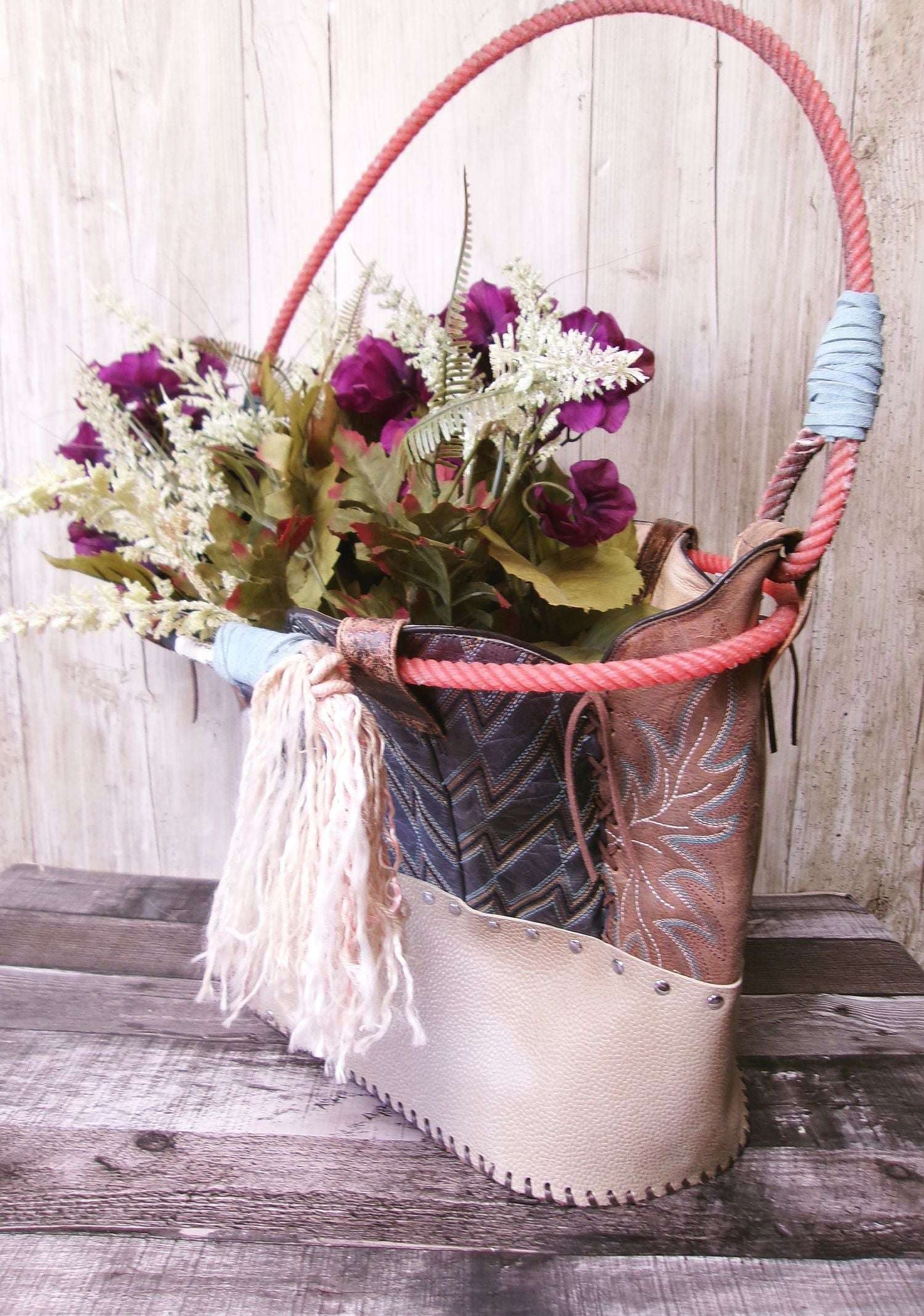 Western  Leather Basket BA42 handcrafted from cowboy boots. Shop Home Decor at ChrisThompsonBags.com and buy the best ["basket","home decor","Large"] at Chris Thompson Bags.