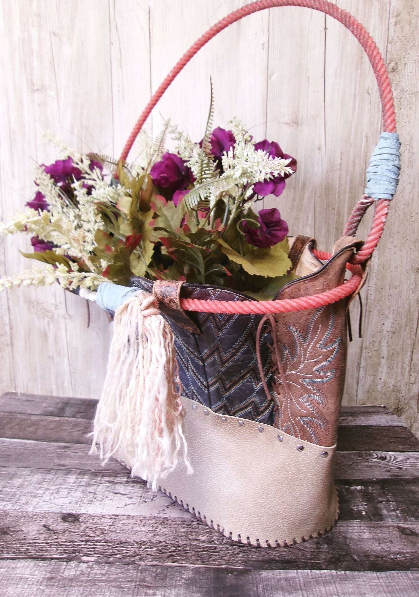 Western  Leather Basket BA42 handcrafted from cowboy boots. Shop Home Decor at ChrisThompsonBags.com and buy the best ["basket","home decor","Large"] at Chris Thompson Bags.