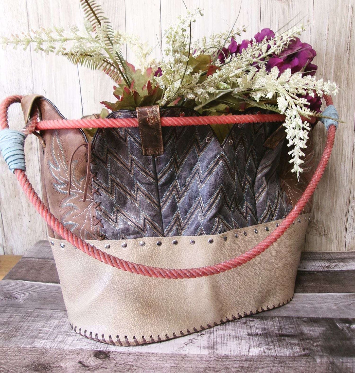 Western  Leather Basket BA42 handcrafted from cowboy boots. Shop Home Decor at ChrisThompsonBags.com and buy the best ["basket","home decor","Large"] at Chris Thompson Bags.