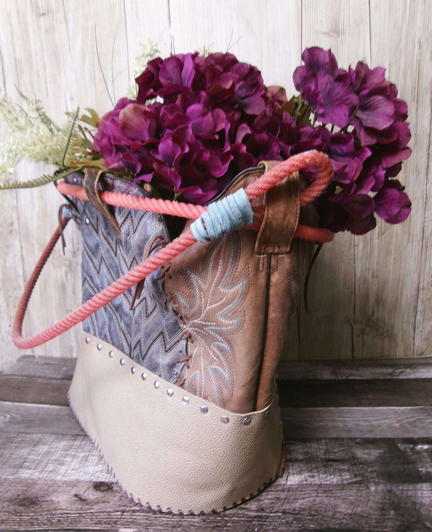 Western  Leather Basket BA42 handcrafted from cowboy boots. Shop Home Decor at ChrisThompsonBags.com and buy the best ["basket","home decor","Large"] at Chris Thompson Bags.