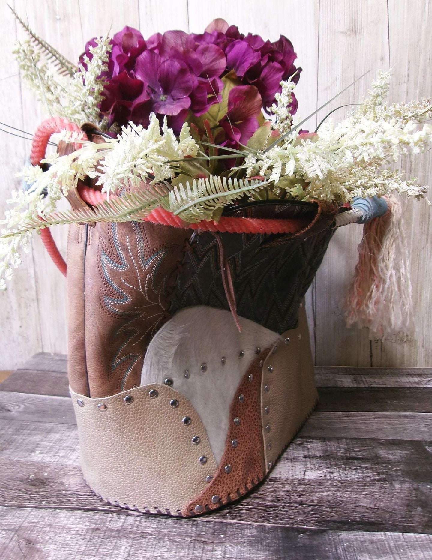 Western  Leather Basket BA42 handcrafted from cowboy boots. Shop Home Decor at ChrisThompsonBags.com and buy the best ["basket","home decor","Large"] at Chris Thompson Bags.