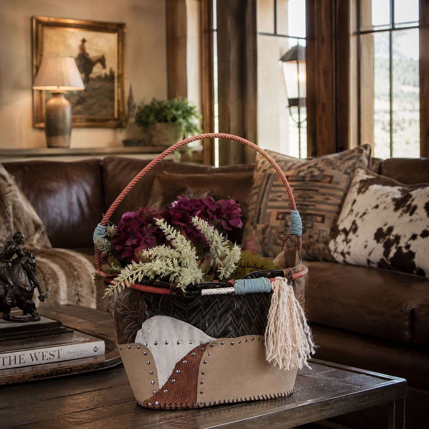 Western  Leather Basket BA42 handcrafted from cowboy boots. Shop Home Decor at ChrisThompsonBags.com and buy the best ["basket","home decor","Large"] at Chris Thompson Bags.