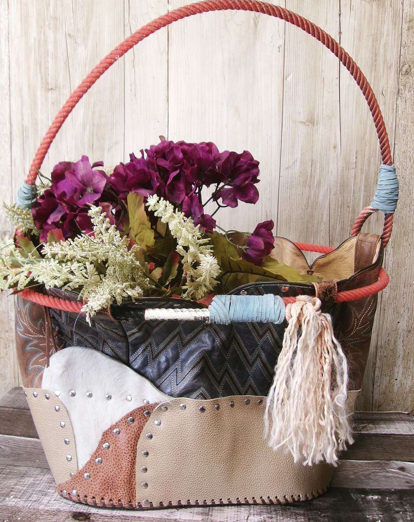 Western  Leather Basket BA42 handcrafted from cowboy boots. Shop Home Decor at ChrisThompsonBags.com and buy the best ["basket","home decor","Large"] at Chris Thompson Bags.