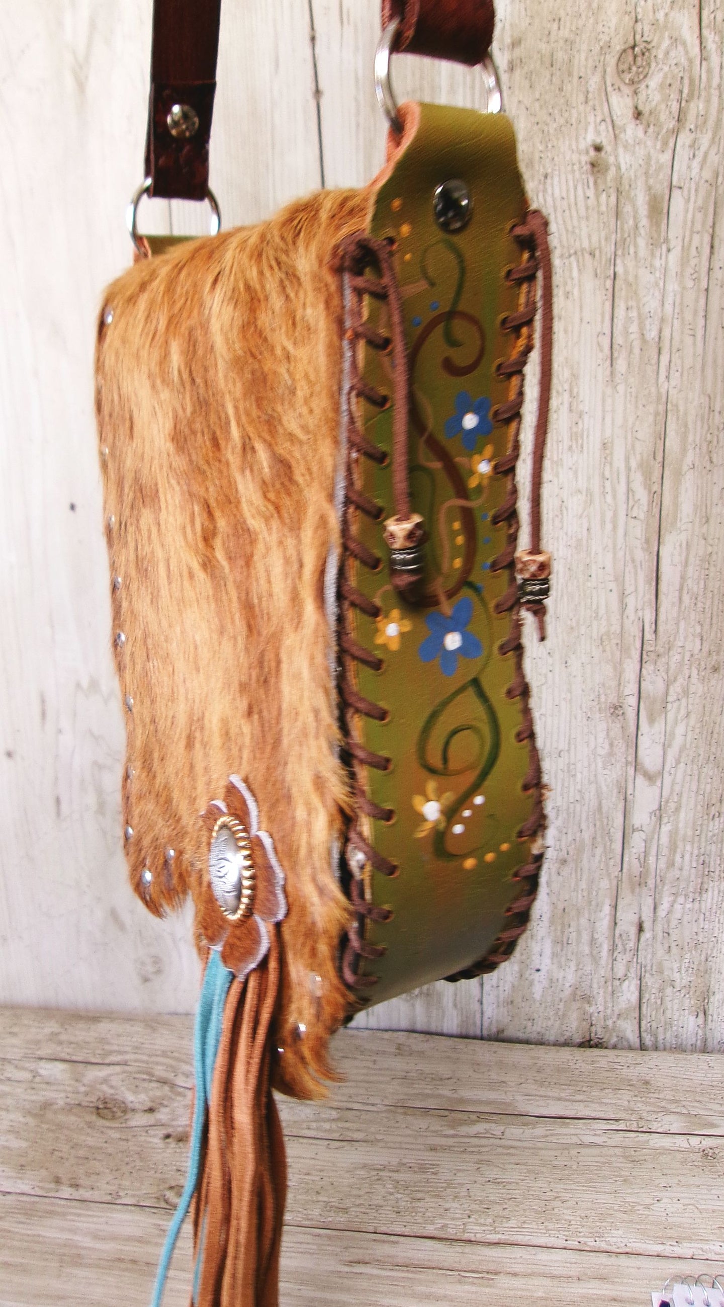 Boho Bag with Fringe BB01 handcrafted from cowboy boots. Shop  at ChrisThompsonBags.com and buy the best ["fringe","hair on hide","handpainted"] at Chris Thompson Bags.