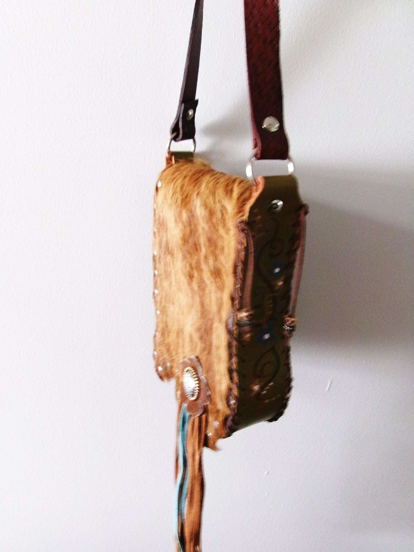 Boho Bag with Fringe BB01 handcrafted from cowboy boots. Shop  at ChrisThompsonBags.com and buy the best ["fringe","hair on hide","handpainted"] at Chris Thompson Bags.
