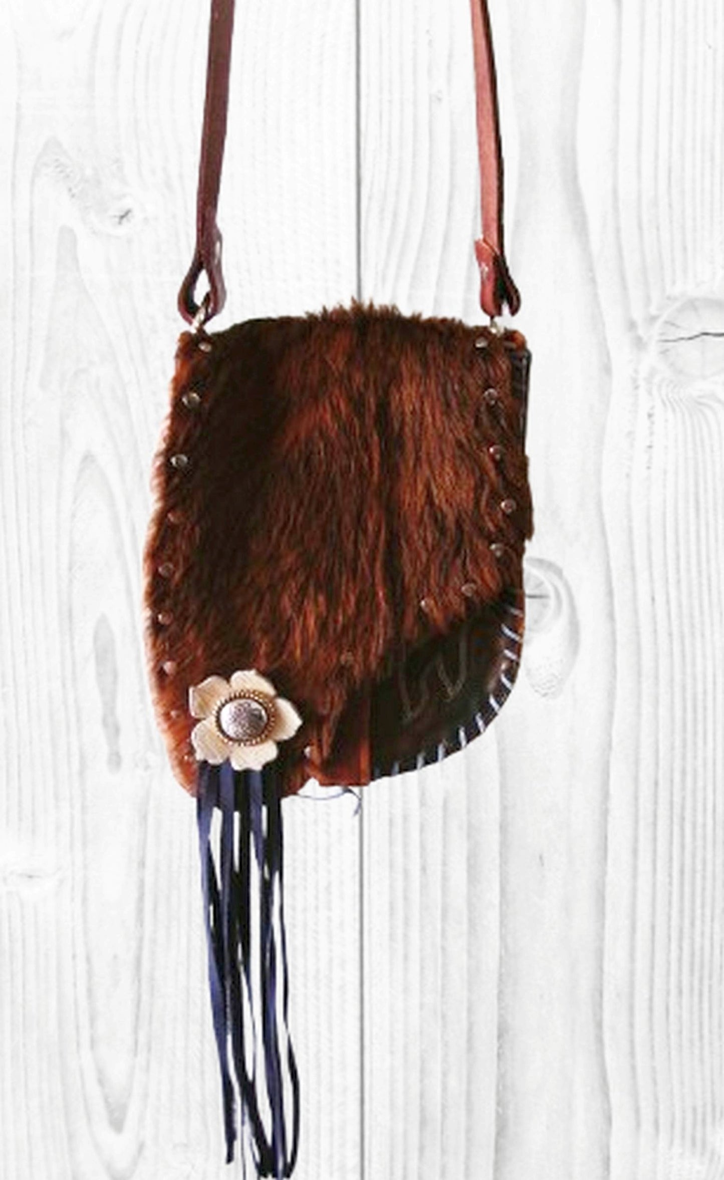 Boho Bag with Fringe BB02 handcrafted from cowboy boots. Shop  at ChrisThompsonBags.com and buy the best ["fringe","hair on hide","handpainted"] at Chris Thompson Bags.