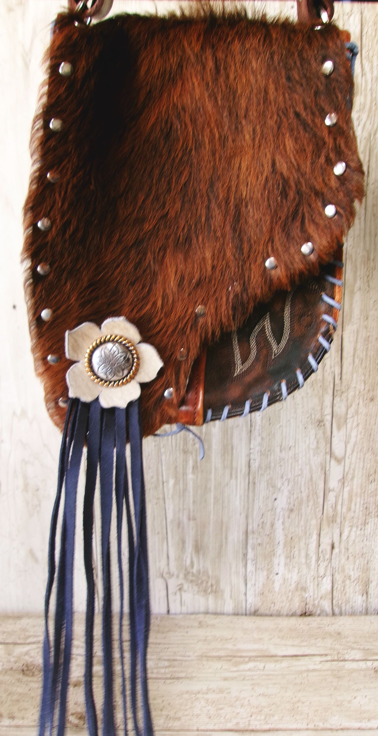Boho Bag with Fringe BB02 handcrafted from cowboy boots. Shop  at ChrisThompsonBags.com and buy the best ["fringe","hair on hide","handpainted"] at Chris Thompson Bags.