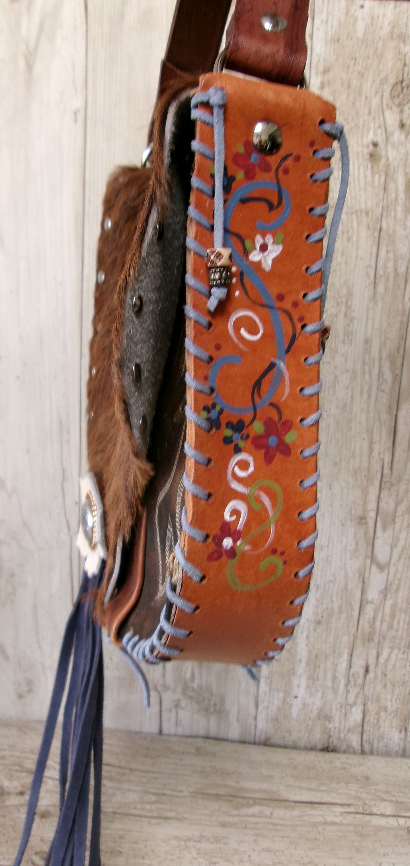 Boho Bag with Fringe BB02 handcrafted from cowboy boots. Shop  at ChrisThompsonBags.com and buy the best ["fringe","hair on hide","handpainted"] at Chris Thompson Bags.