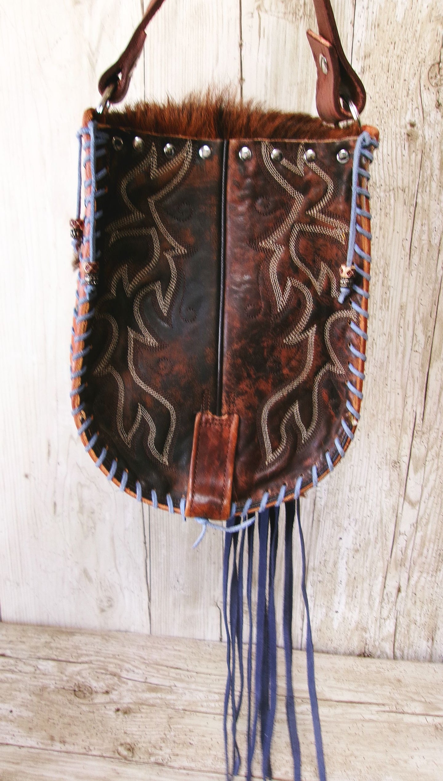 Boho Bag with Fringe BB02 handcrafted from cowboy boots. Shop  at ChrisThompsonBags.com and buy the best ["fringe","hair on hide","handpainted"] at Chris Thompson Bags.
