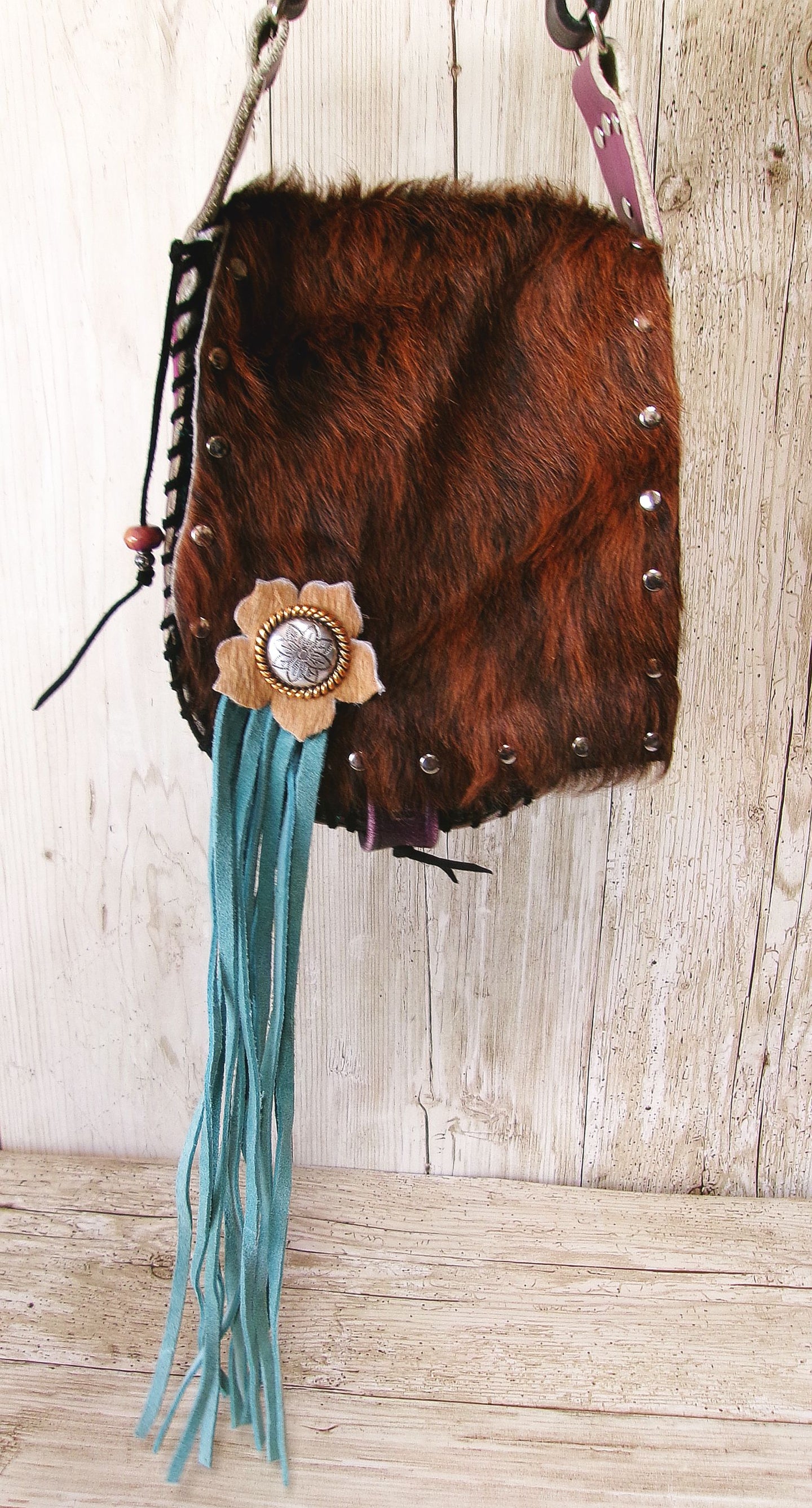 Boho Bag with Fringe BB03 handcrafted from cowboy boots. Shop  at ChrisThompsonBags.com and buy the best ["fringe","hair on hide","handpainted"] at Chris Thompson Bags.