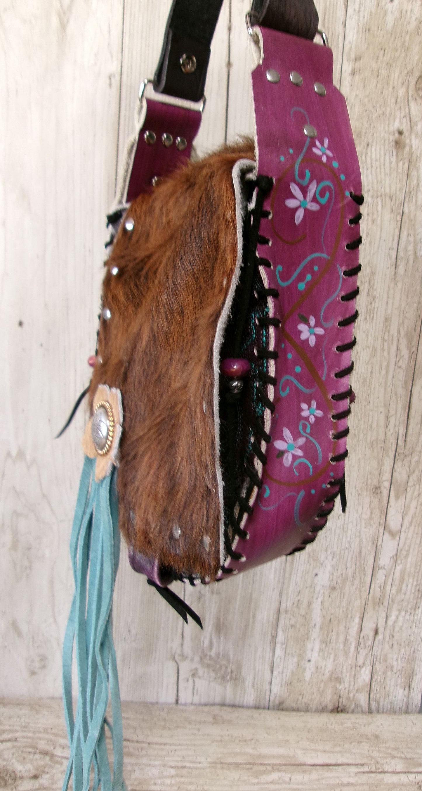 Boho Bag with Fringe BB03 handcrafted from cowboy boots. Shop  at ChrisThompsonBags.com and buy the best ["fringe","hair on hide","handpainted"] at Chris Thompson Bags.