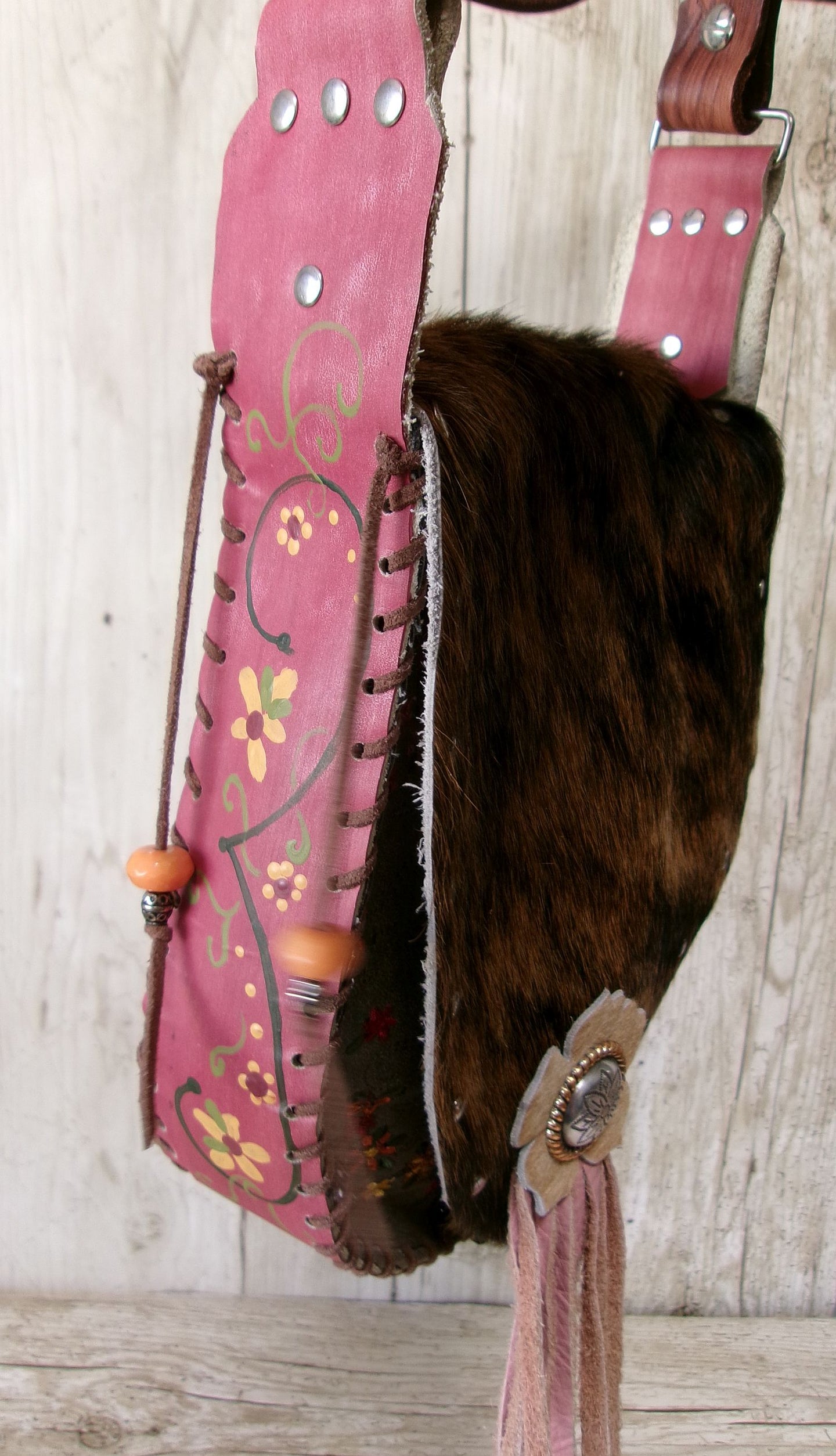 Boho Bag with Fringe BB04 handcrafted from cowboy boots. Shop  at ChrisThompsonBags.com and buy the best ["fringe","hair on hide","handpainted"] at Chris Thompson Bags.