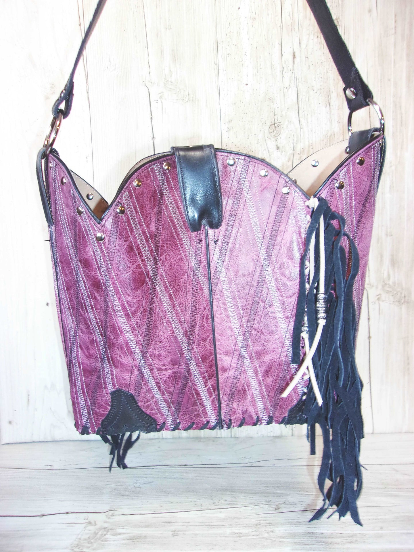 Bucket Bag Cowboy Boot Fringe Purse BK97 handcrafted from cowboy boots. Shop all unique leather western handbags, purses and totes at Chris Thompson Bags