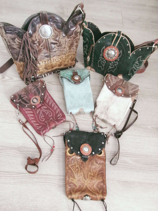 Western Artisan Bag 6Pc Bundle – Mixed Styles and Sizes handcrafted from cowboy boots. Shop  at ChrisThompsonBags.com and buy the best ["hair on hide"] at Chris Thompson Bags.