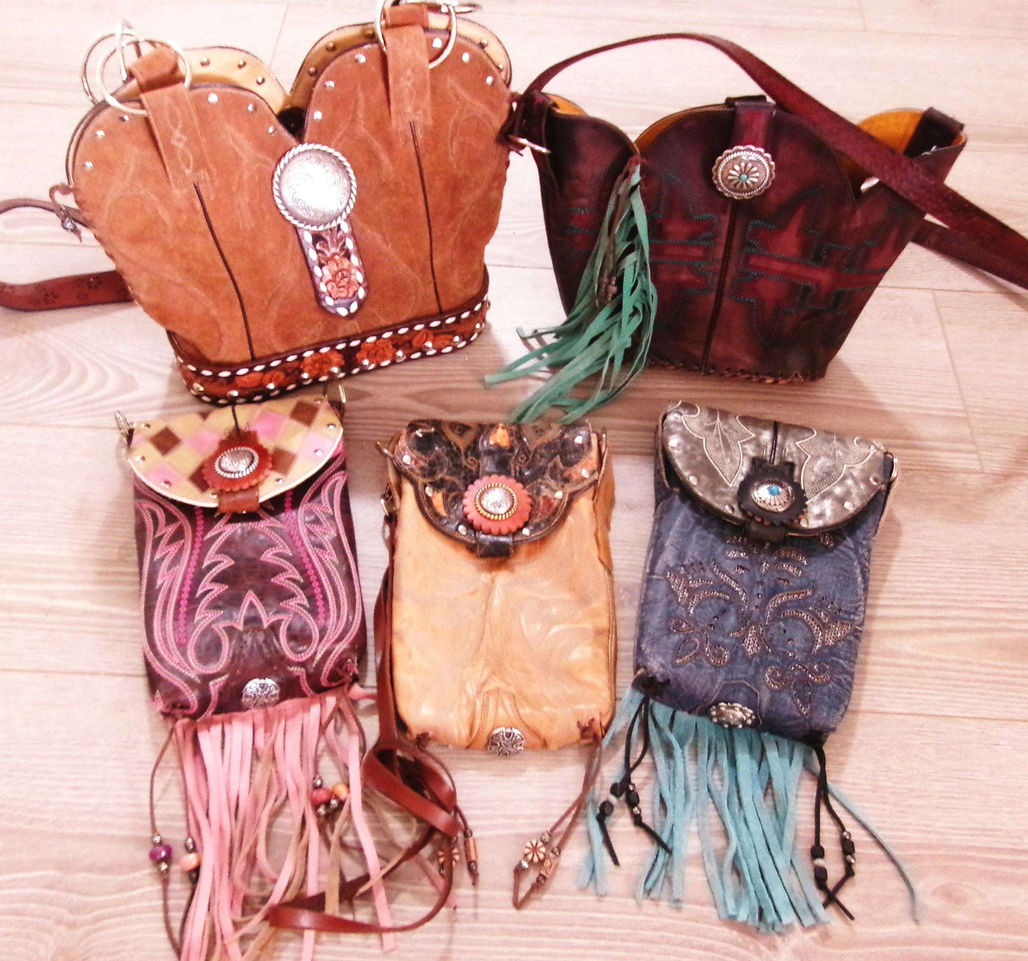 Colorful Leather Bag 5pc Bundle | Fringe & Hipster Set handcrafted from cowboy boots. Shop  at ChrisThompsonBags.com and buy the best [] at Chris Thompson Bags.