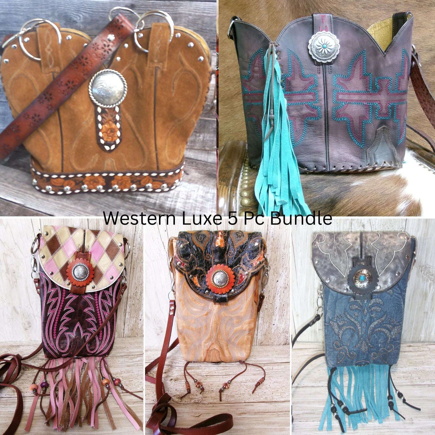 Colorful Leather Bag 5pc Bundle | Fringe & Hipster Set handcrafted from cowboy boots. Shop  at ChrisThompsonBags.com and buy the best [] at Chris Thompson Bags.