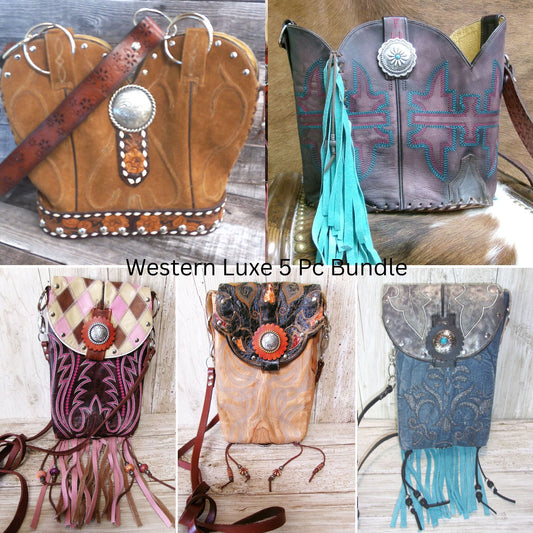 Collage of five western-style handbags with intricate designs and fringes on a wooden surface.