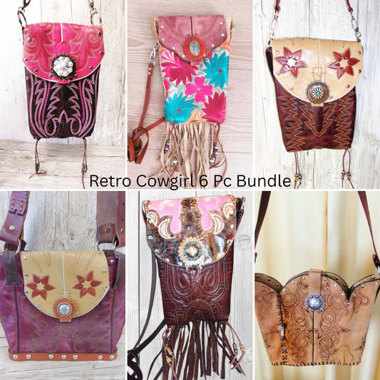 Collage of six retro cowgirl handbags with floral and patterned designs.